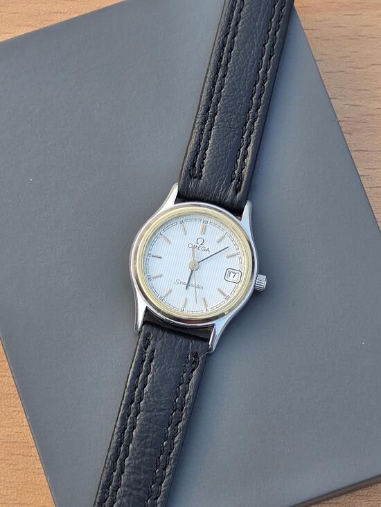 Vintage Omega Seamaster Linen Stripe Dial Gold Silver Swiss Ladies Watch Dainty main image 11